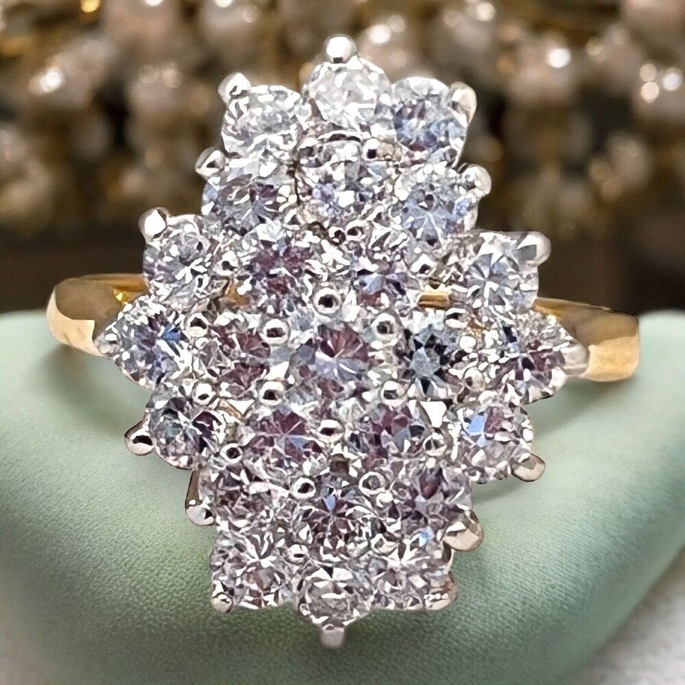 Vintage 1980s Ring Size 8 CZ Cluster Cocktail Gold Plated Band - 14H